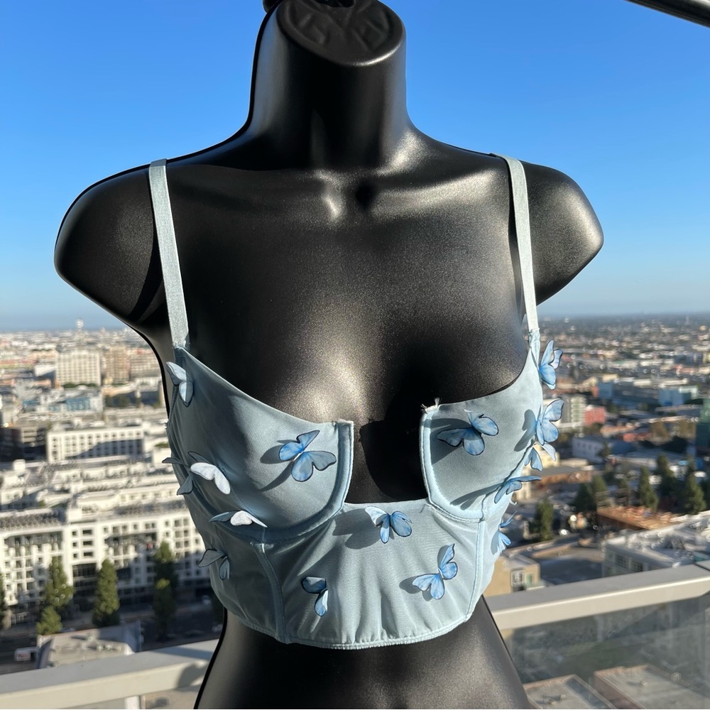 Blue Underwire Butterfly Crop Top